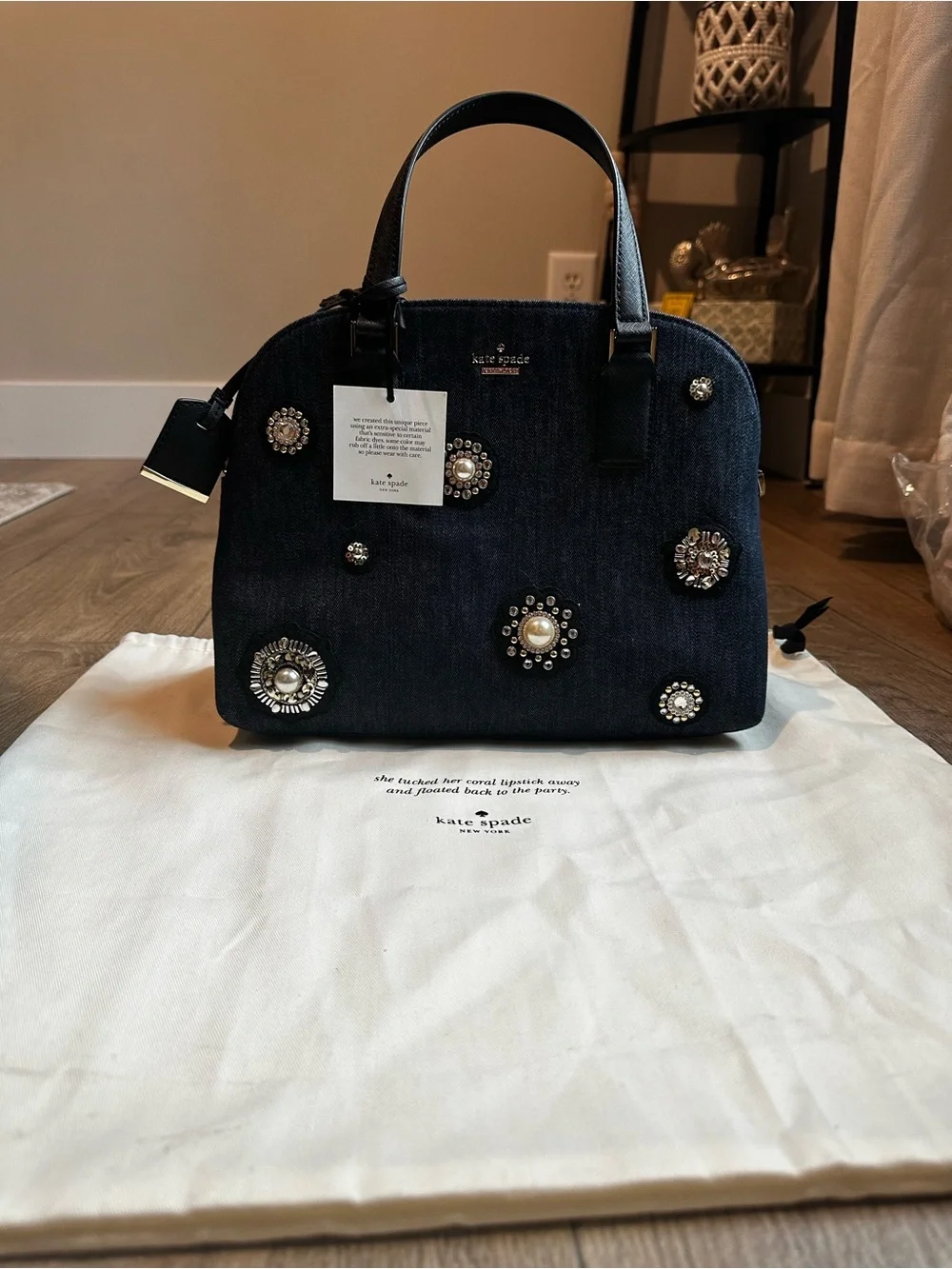 kate spade Dark Blue Jeweled Denim Dome Satchel